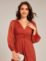 ever EMBER|See-Through Long Sleeve Twist Knot A-Line Lotus Leaf Shimmering Evening Dress