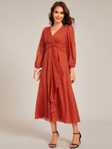 ever EMBER|See-Through Long Sleeve Twist Knot A-Line Lotus Leaf Shimmering Evening Dress