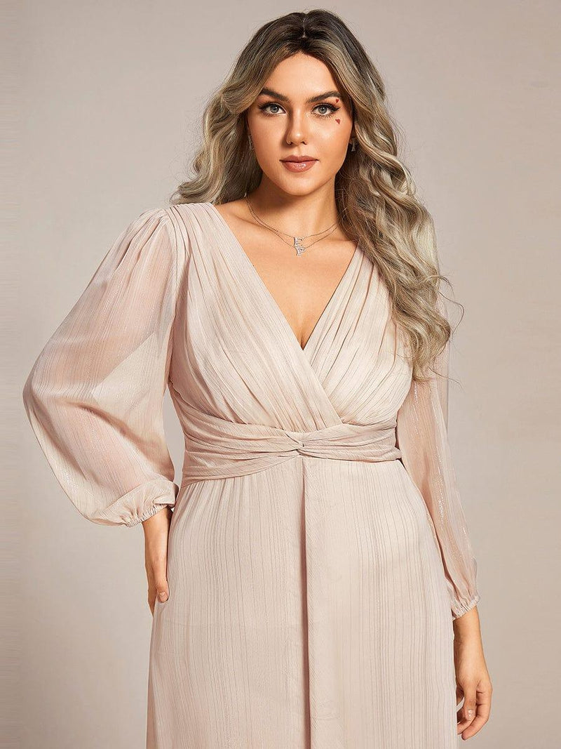 ever EMBER|See-Through Long Sleeve Twist Knot A-Line Lotus Leaf Shimmering Evening Dress