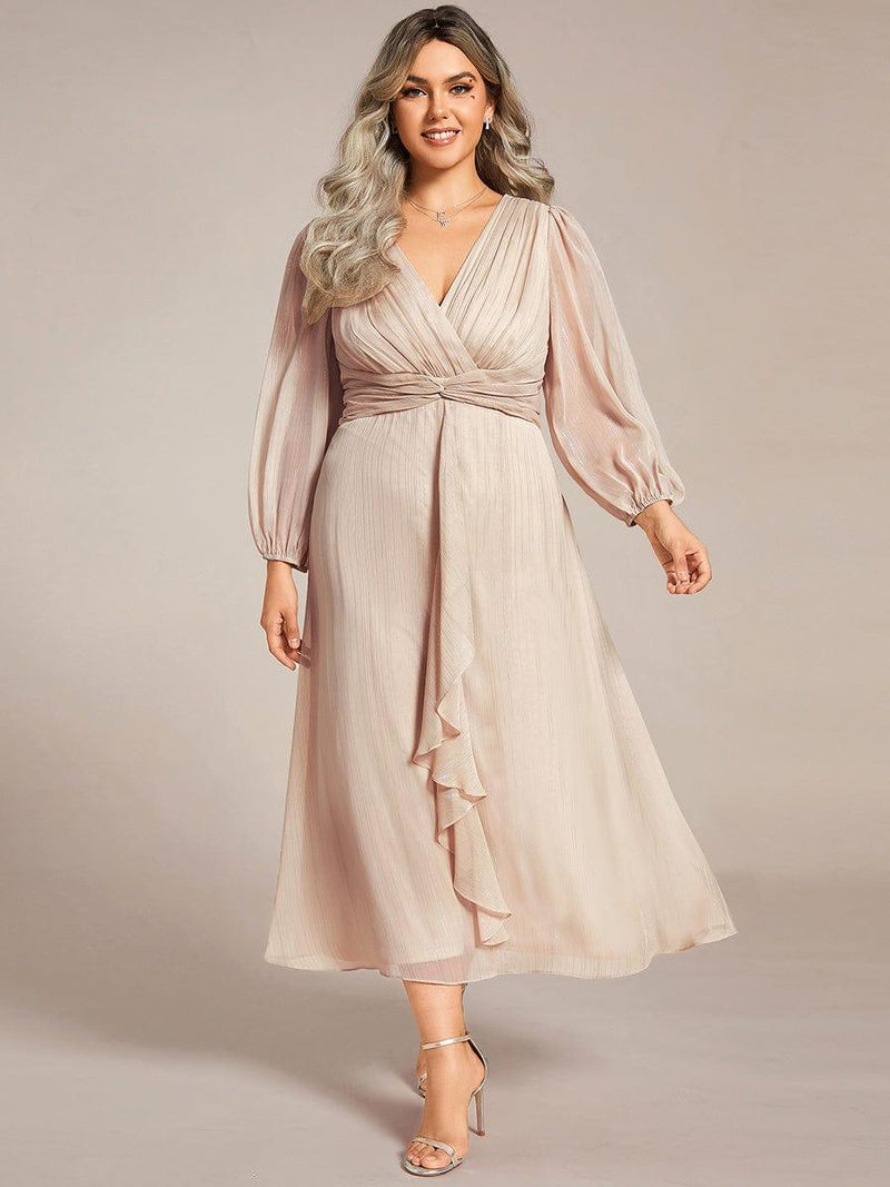 ever EMBER|See-Through Long Sleeve Twist Knot A-Line Lotus Leaf Shimmering Evening Dress