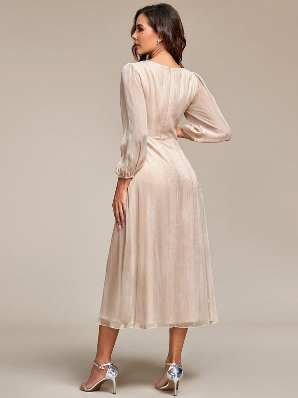 ever EMBER|See-Through Long Sleeve Twist Knot A-Line Lotus Leaf Shimmering Evening Dress