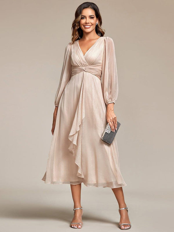 ever EMBER|See-Through Long Sleeve Twist Knot A-Line Lotus Leaf Shimmering Evening Dress