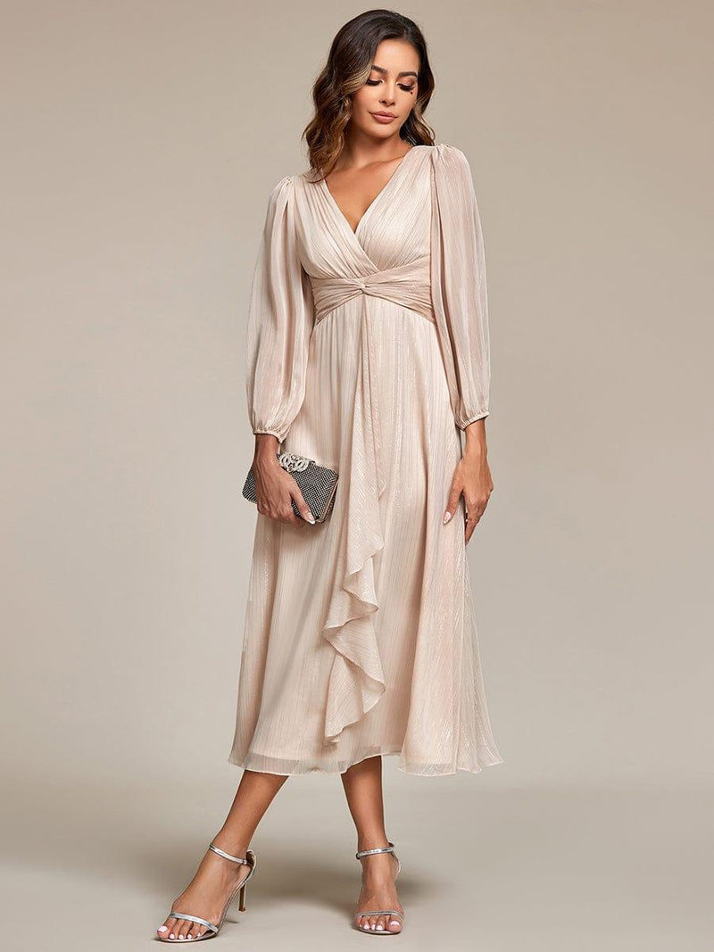 ever EMBER|See-Through Long Sleeve Twist Knot A-Line Lotus Leaf Shimmering Evening Dress