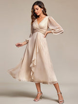 ever EMBER|See-Through Long Sleeve Twist Knot A-Line Lotus Leaf Shimmering Evening Dress
