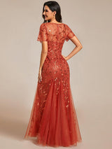 ever JADEN|Floral Sequin Maxi Fishtail Tulle Formal Evening Dress with Short Sleeve