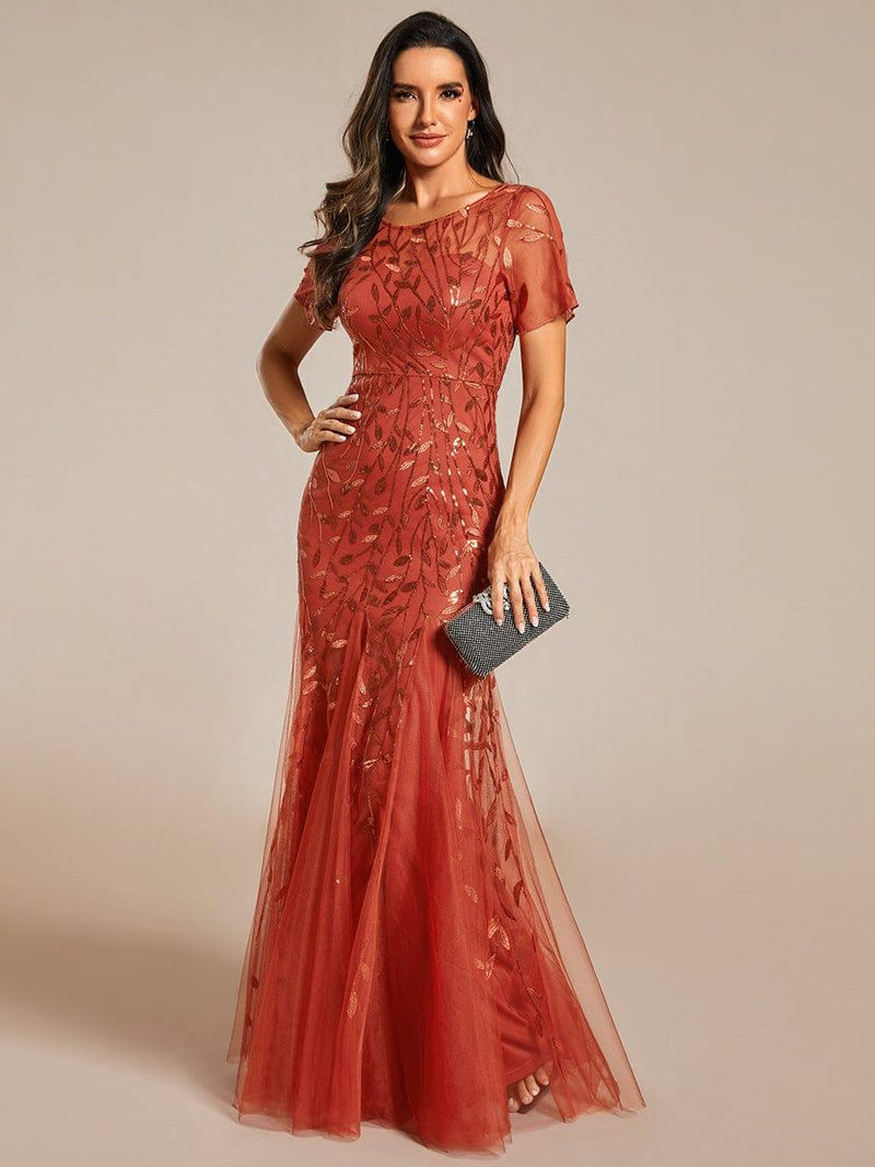 ever JADEN|Floral Sequin Maxi Fishtail Tulle Formal Evening Dress with Short Sleeve