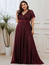 ever LIORÉ|Sparkling Short Sleeve V-Neck Ribbon Waist A-Line Evening Dress