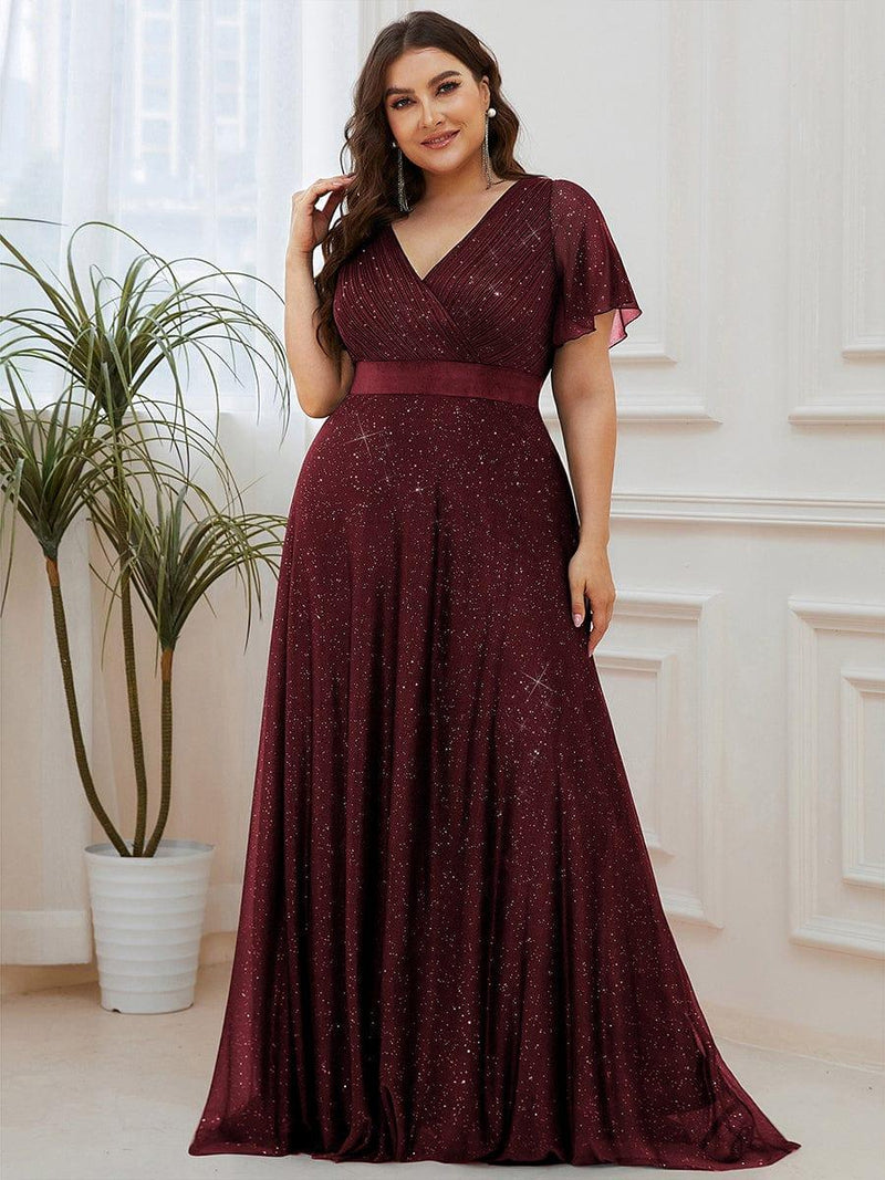 ever LIORÉ|Sparkling Short Sleeve V-Neck Ribbon Waist A-Line Evening Dress