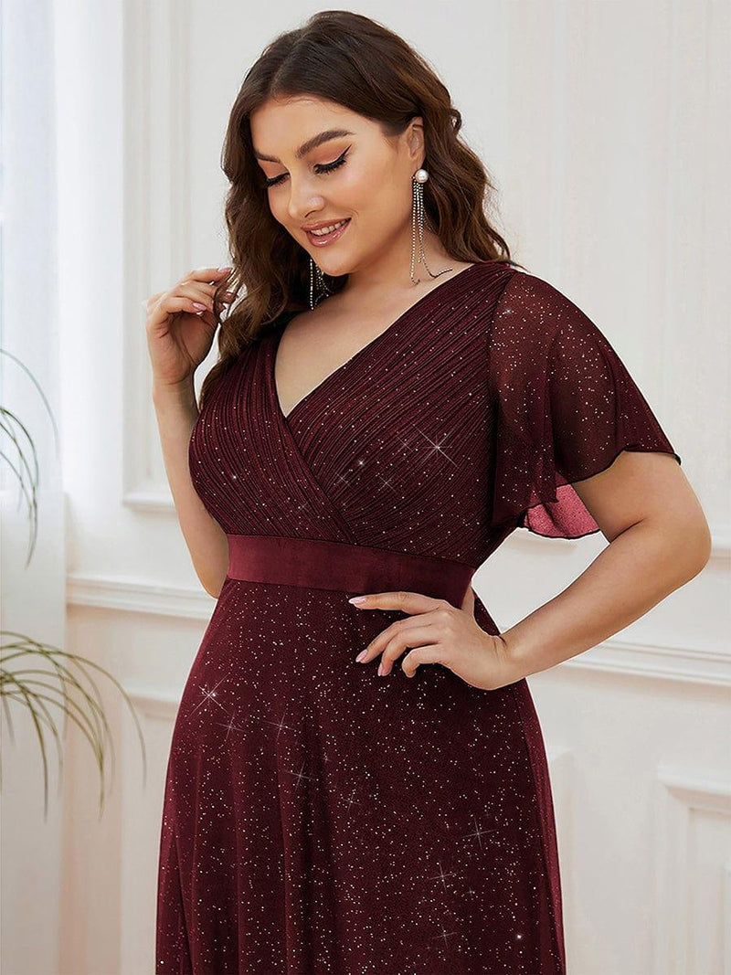 ever LIORÉ|Sparkling Short Sleeve V-Neck Ribbon Waist A-Line Evening Dress