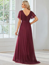 ever LIORÉ|Sparkling Short Sleeve V-Neck Ribbon Waist A-Line Evening Dress