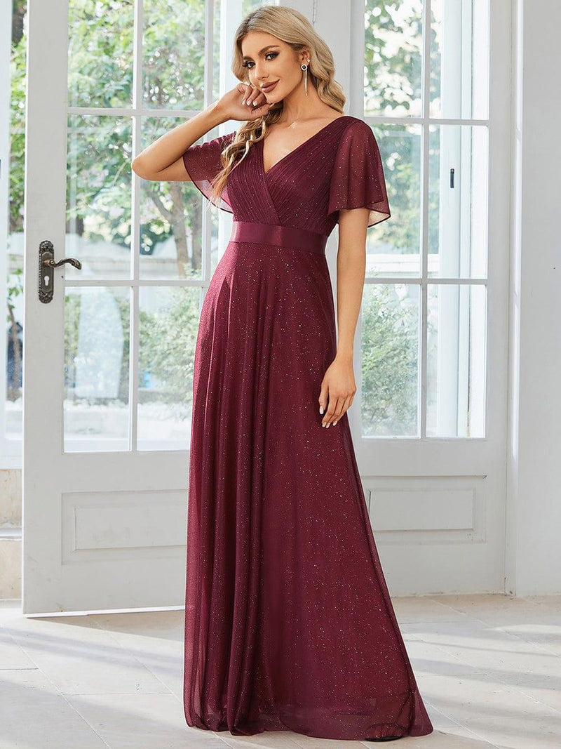 ever LIORÉ|Sparkling Short Sleeve V-Neck Ribbon Waist A-Line Evening Dress