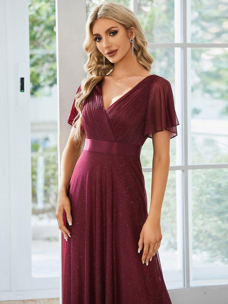 ever LIORÉ|Sparkling Short Sleeve V-Neck Ribbon Waist A-Line Evening Dress