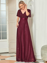 ever LIORÉ|Sparkling Short Sleeve V-Neck Ribbon Waist A-Line Evening Dress