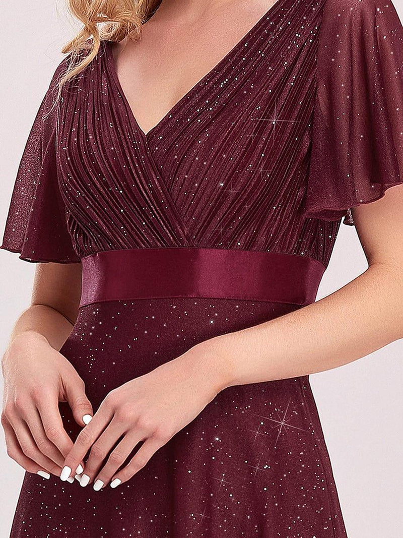 ever LIORÉ|Sparkling Short Sleeve V-Neck Ribbon Waist A-Line Evening Dress