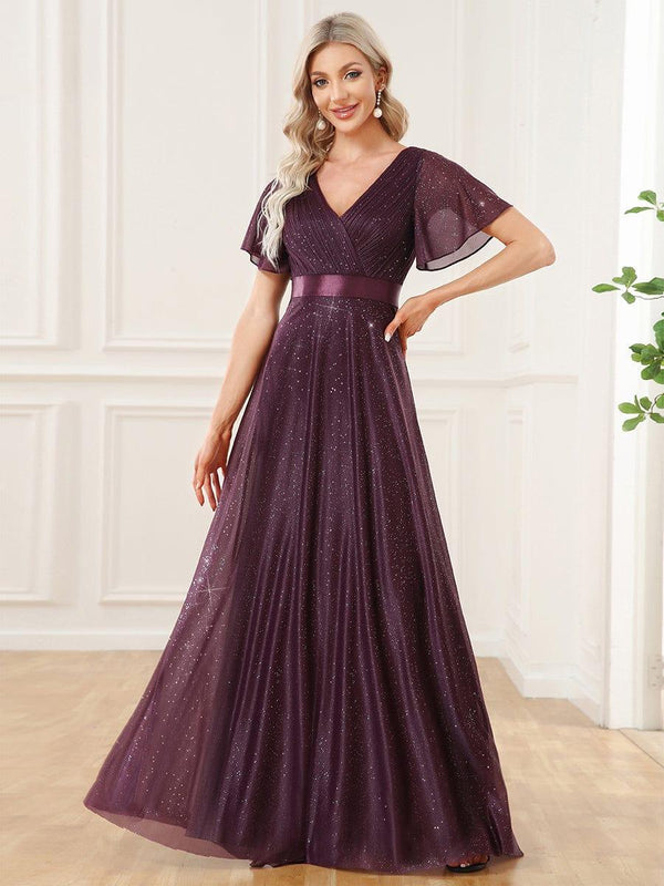 ever LIORÉ|Sparkling Short Sleeve V-Neck Ribbon Waist A-Line Evening Dress