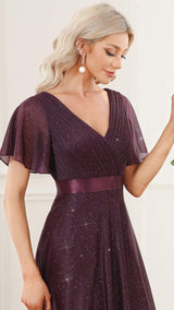 ever LIORÉ|Sparkling Short Sleeve V-Neck Ribbon Waist A-Line Evening Dress