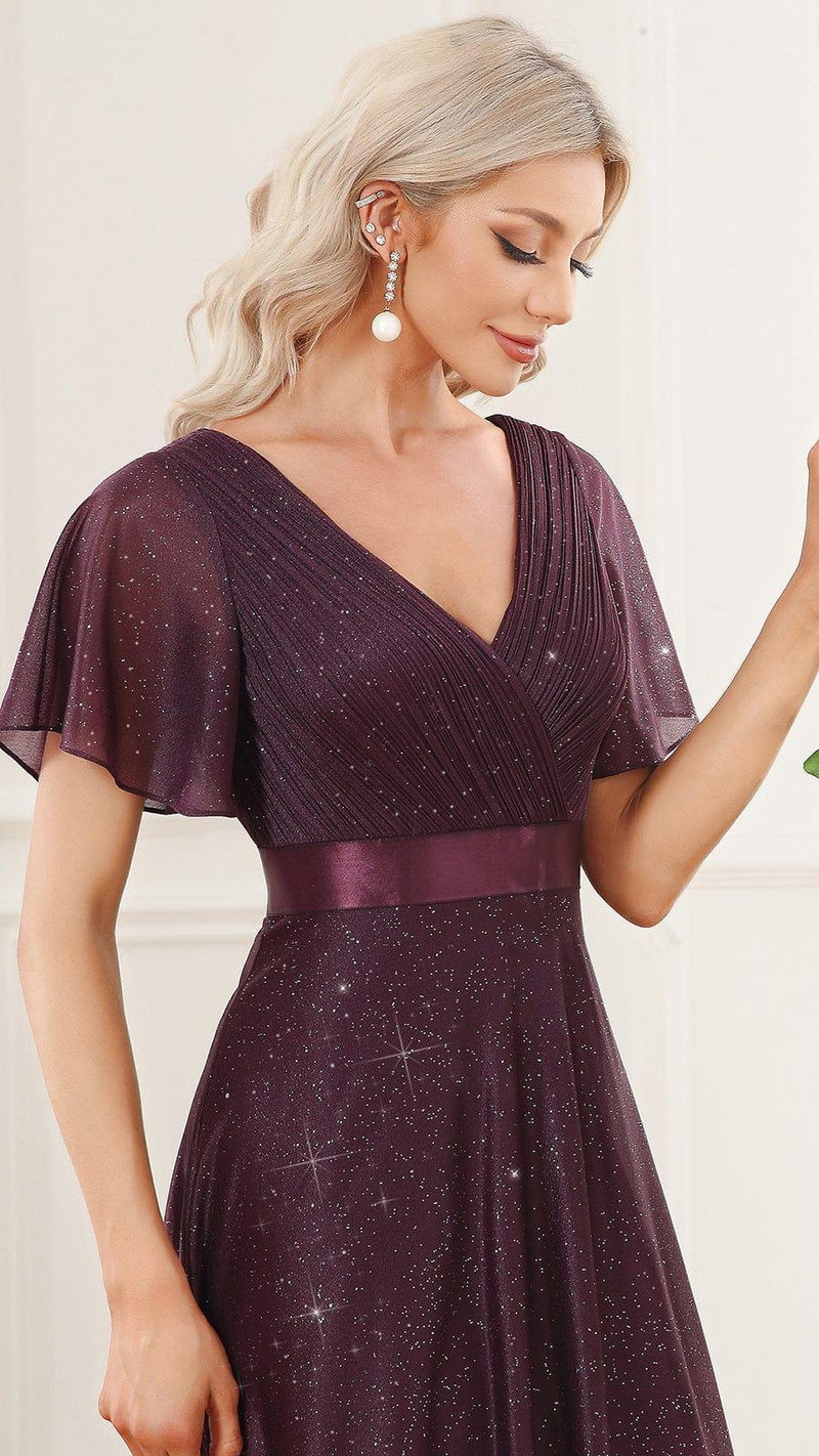 ever LIORÉ|Sparkling Short Sleeve V-Neck Ribbon Waist A-Line Evening Dress