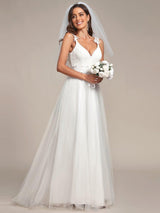 Double V Neck Lace Bodice Open Back Tulle Wedding Dress