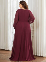 ever AMOUR|Elegant Chiffon V-Neckline Long Sleeve Formal Evening Dress