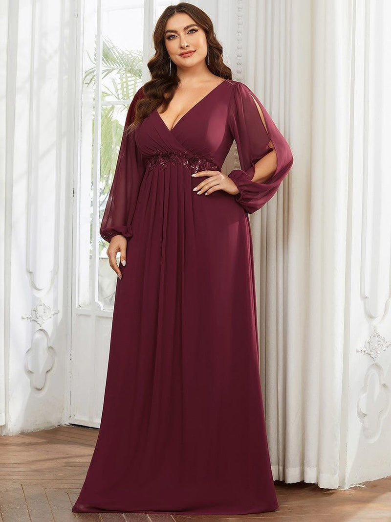 ever AMOUR|Elegant Chiffon V-Neckline Long Sleeve Formal Evening Dress