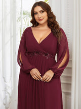 ever AMOUR|Elegant Chiffon V-Neckline Long Sleeve Formal Evening Dress