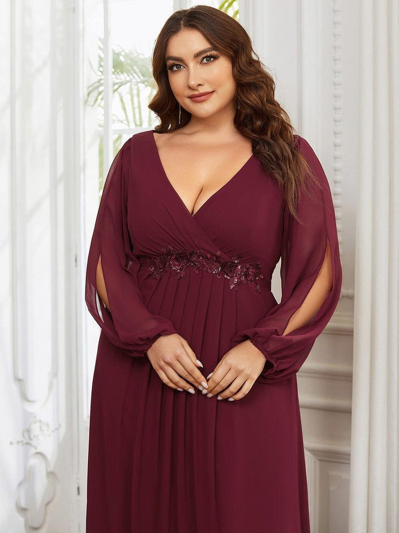 ever AMOUR|Elegant Chiffon V-Neckline Long Sleeve Formal Evening Dress