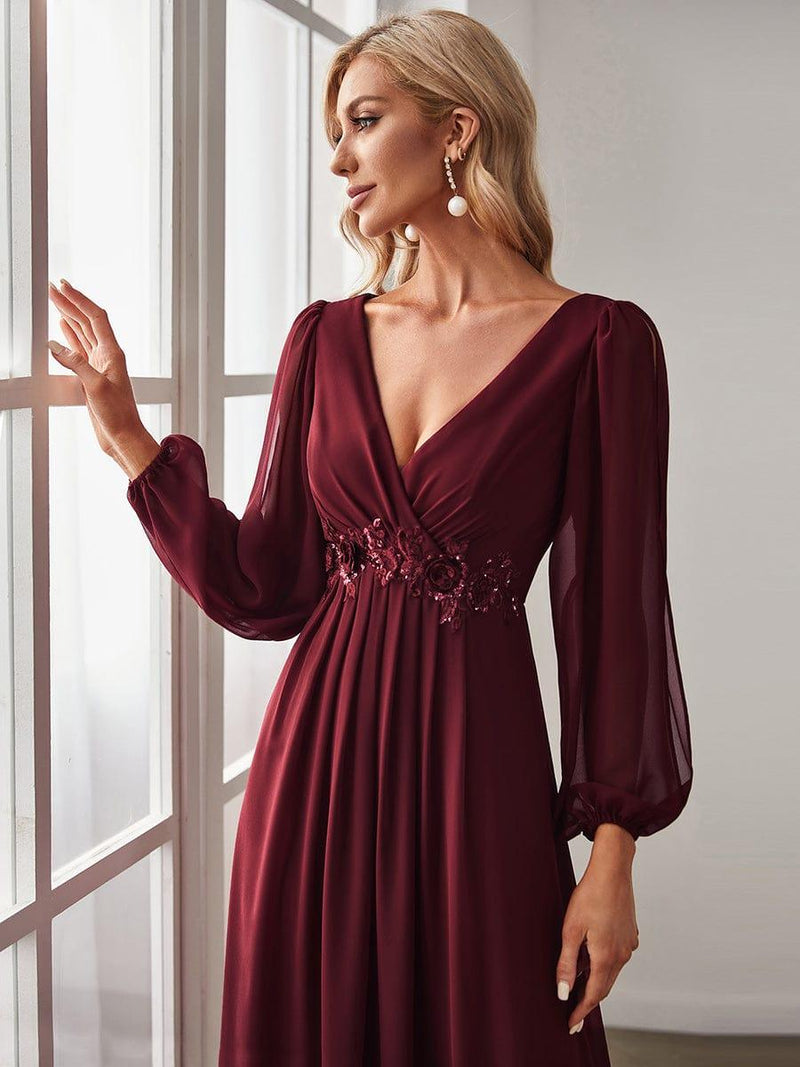 ever AMOUR|Elegant Chiffon V-Neckline Long Sleeve Formal Evening Dress
