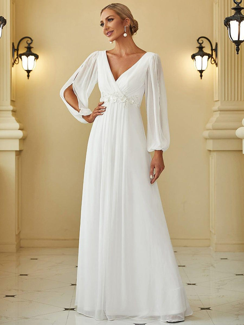 ever AMOUR|Elegant Chiffon V-Neckline Long Sleeve Formal Evening Dress
