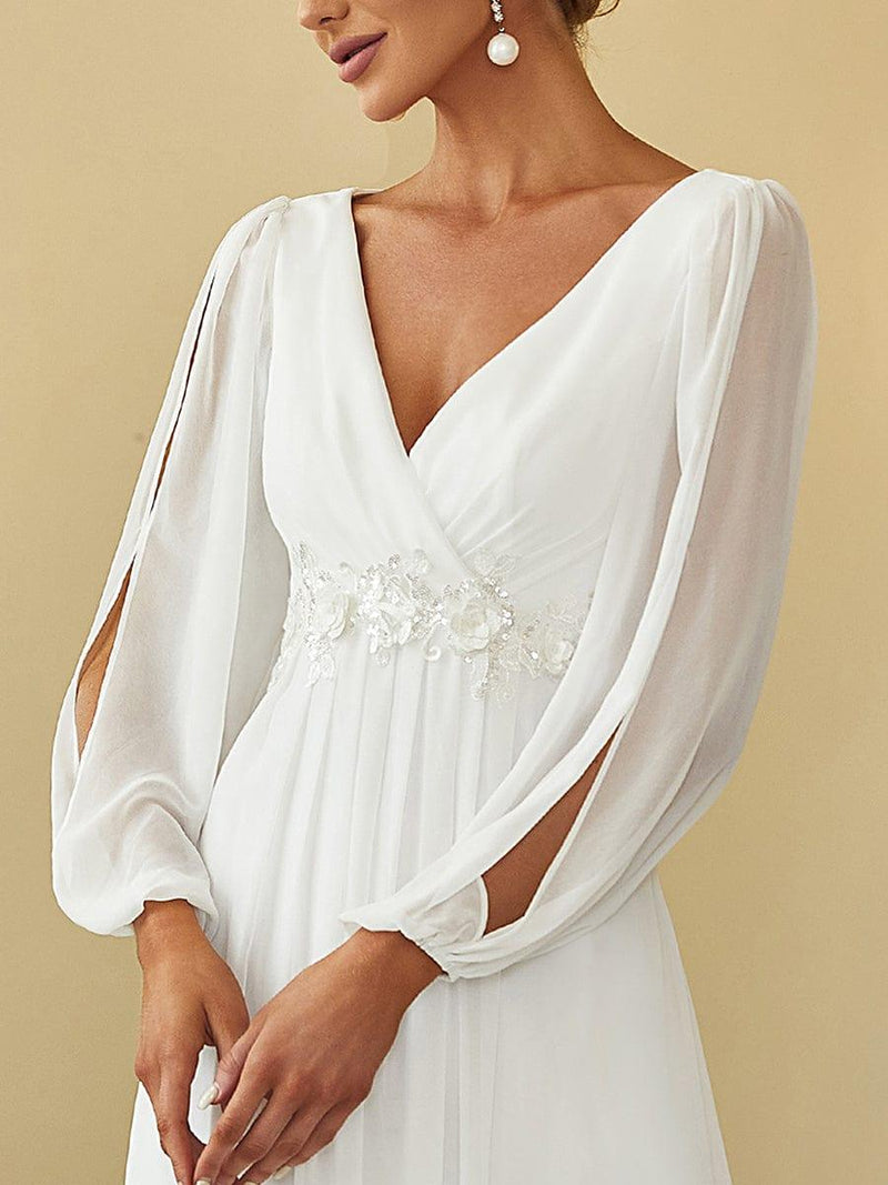ever AMOUR|Elegant Chiffon V-Neckline Long Sleeve Formal Evening Dress