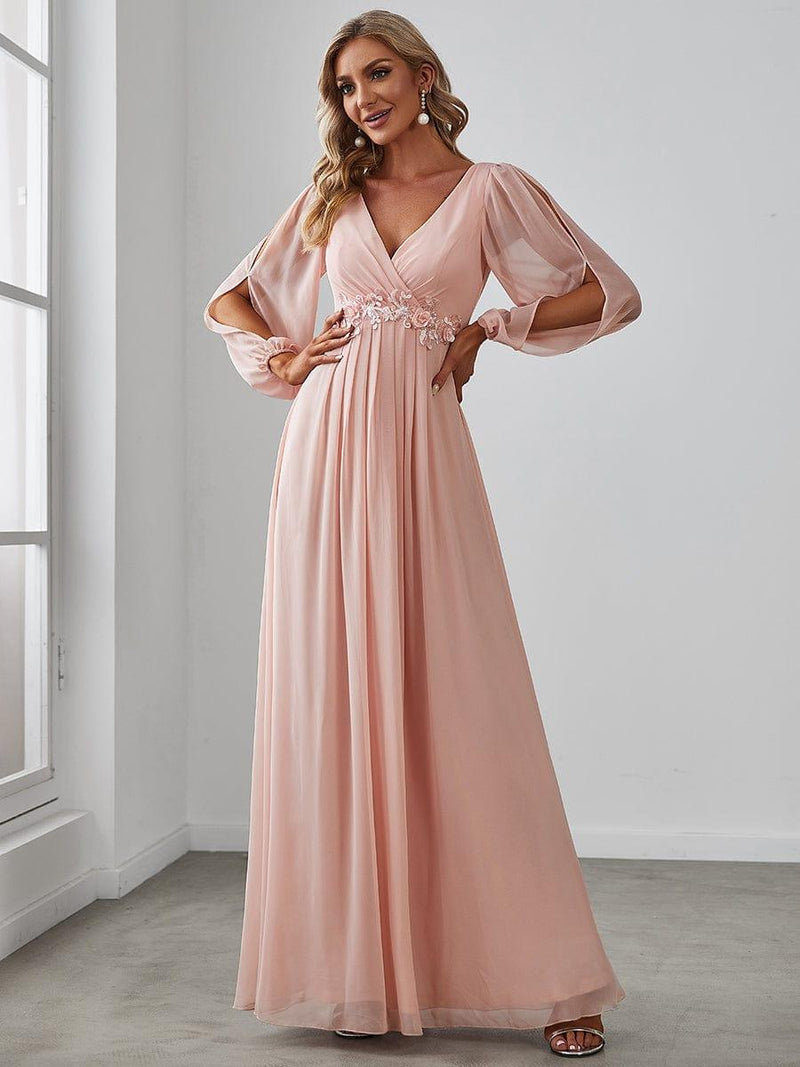 ever AMOUR|Elegant Chiffon V-Neckline Long Sleeve Formal Evening Dress