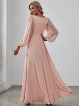 ever AMOUR|Elegant Chiffon V-Neckline Long Sleeve Formal Evening Dress