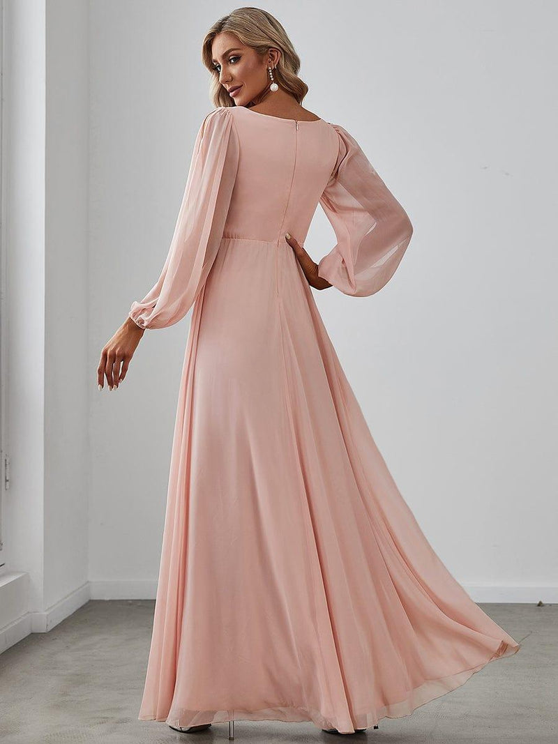 ever AMOUR|Elegant Chiffon V-Neckline Long Sleeve Formal Evening Dress