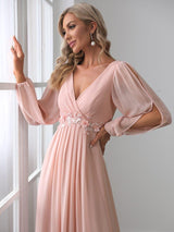 ever AMOUR|Elegant Chiffon V-Neckline Long Sleeve Formal Evening Dress