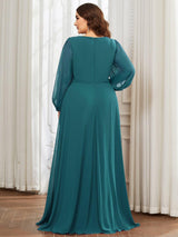 ever AMOUR|Elegant Chiffon V-Neckline Long Sleeve Formal Evening Dress