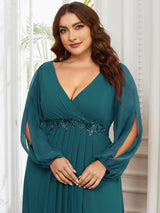 ever AMOUR|Elegant Chiffon V-Neckline Long Sleeve Formal Evening Dress