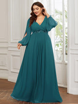 ever AMOUR|Elegant Chiffon V-Neckline Long Sleeve Formal Evening Dress