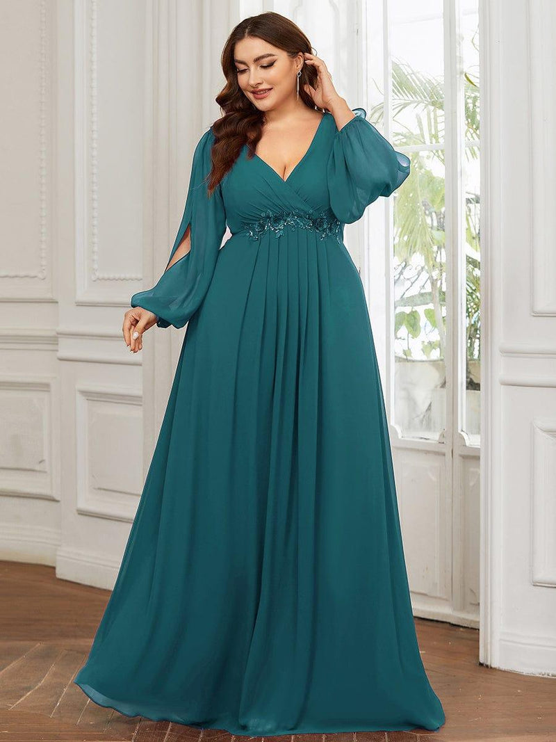 ever AMOUR|Elegant Chiffon V-Neckline Long Sleeve Formal Evening Dress
