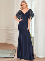 ever SLOANE|Sexy V Neck Maxi Bodycon Evening Dress with Flare Sleeves