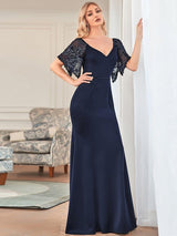 ever SLOANE|Sexy V Neck Maxi Bodycon Evening Dress with Flare Sleeves