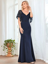 ever SLOANE|Sexy V Neck Maxi Bodycon Evening Dress with Flare Sleeves
