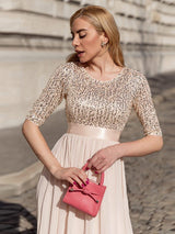 ever FLORENCE|Elegant Round Neckline Long Sleeves Sequin Evening Dress