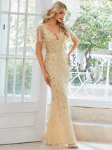 Shiny V Neck Leaf-Sequined Bodycon Formal Evening Dresses