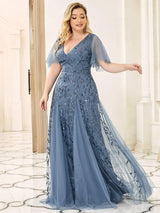 ever ASTRAL|Shimmery Ruffle Sleeves Maxi Sequin Evening Dress