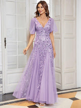 ever ASTRAL|Shimmery Ruffle Sleeves Maxi Sequin Evening Dress
