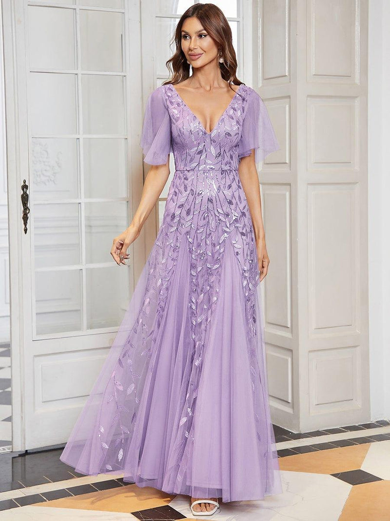 ever ASTRAL|Shimmery Ruffle Sleeves Maxi Sequin Evening Dress