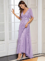 ever ASTRAL|Shimmery Ruffle Sleeves Maxi Sequin Evening Dress