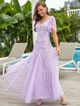 ever ASTRAL|Shimmery Ruffle Sleeves Maxi Sequin Evening Dress