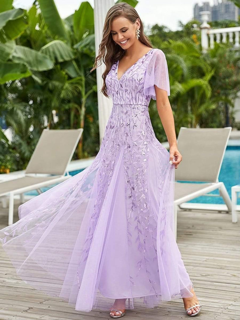 ever ASTRAL|Shimmery Ruffle Sleeves Maxi Sequin Evening Dress