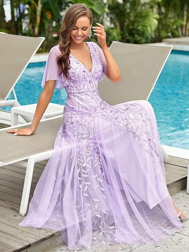 ever ASTRAL|Shimmery Ruffle Sleeves Maxi Sequin Evening Dress