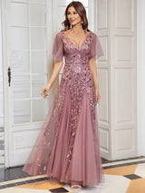 ever ASTRAL|Shimmery Ruffle Sleeves Maxi Sequin Evening Dress